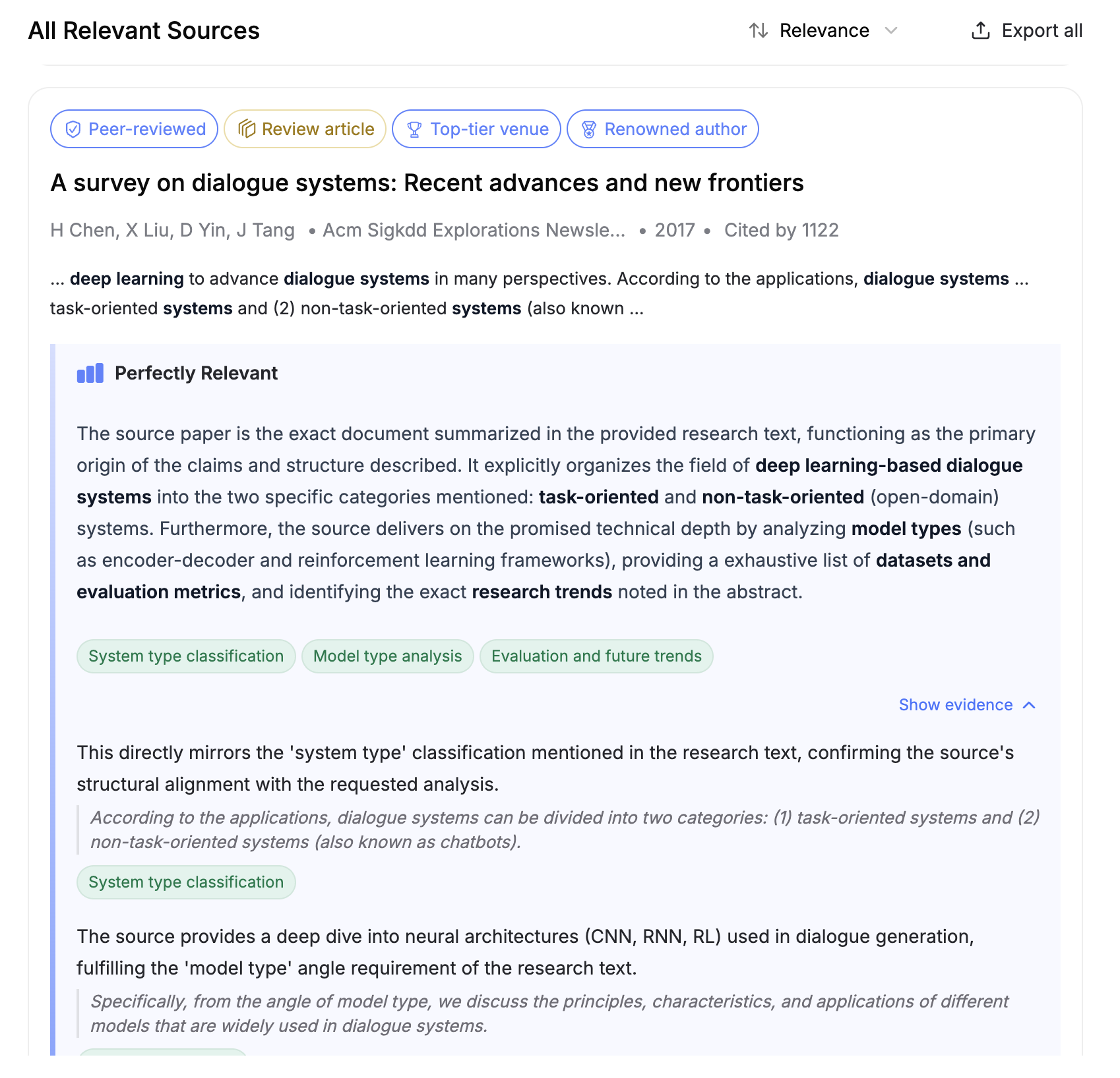 Quick Search source enrichment with relevance analysis and evidence